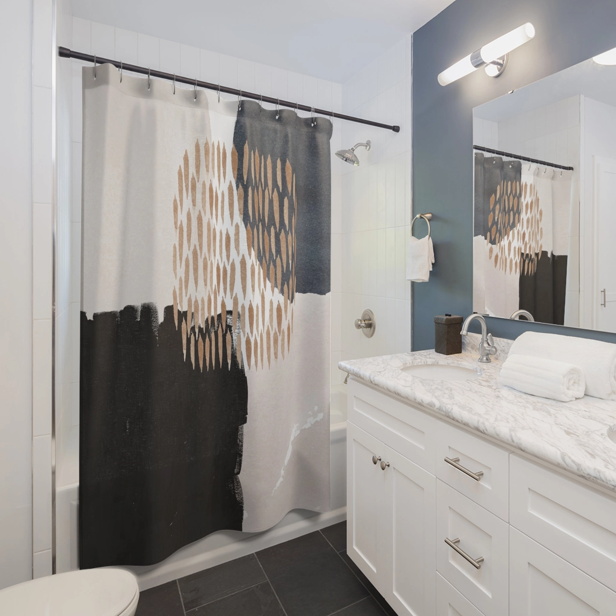 Modern Abstract Art Shower Curtain | Blush Beige, Black Grey Blue White
