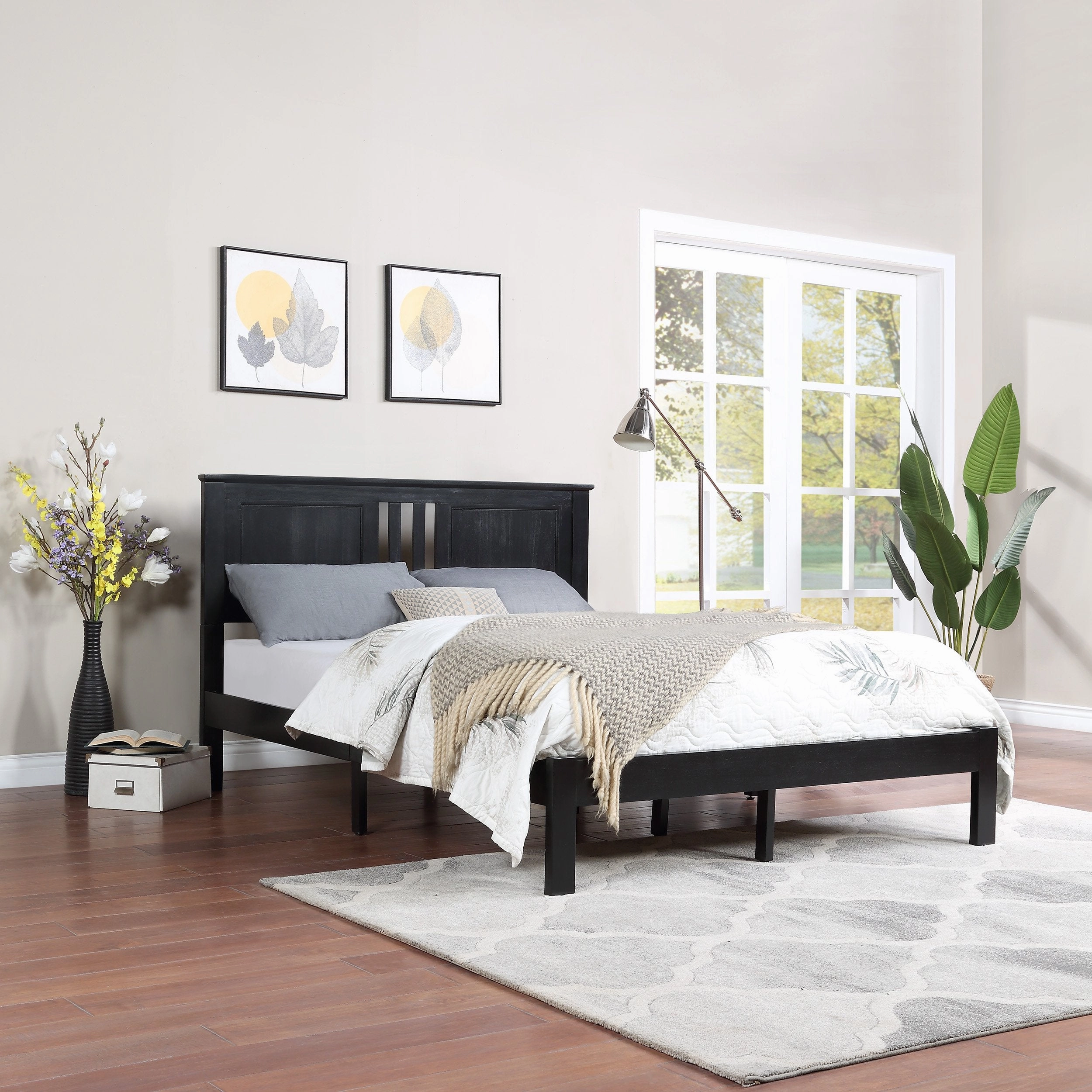 Modern Farmhouse Acacia Wood Queen Bed Platform - NH127113 throw blanket, decorative pillow