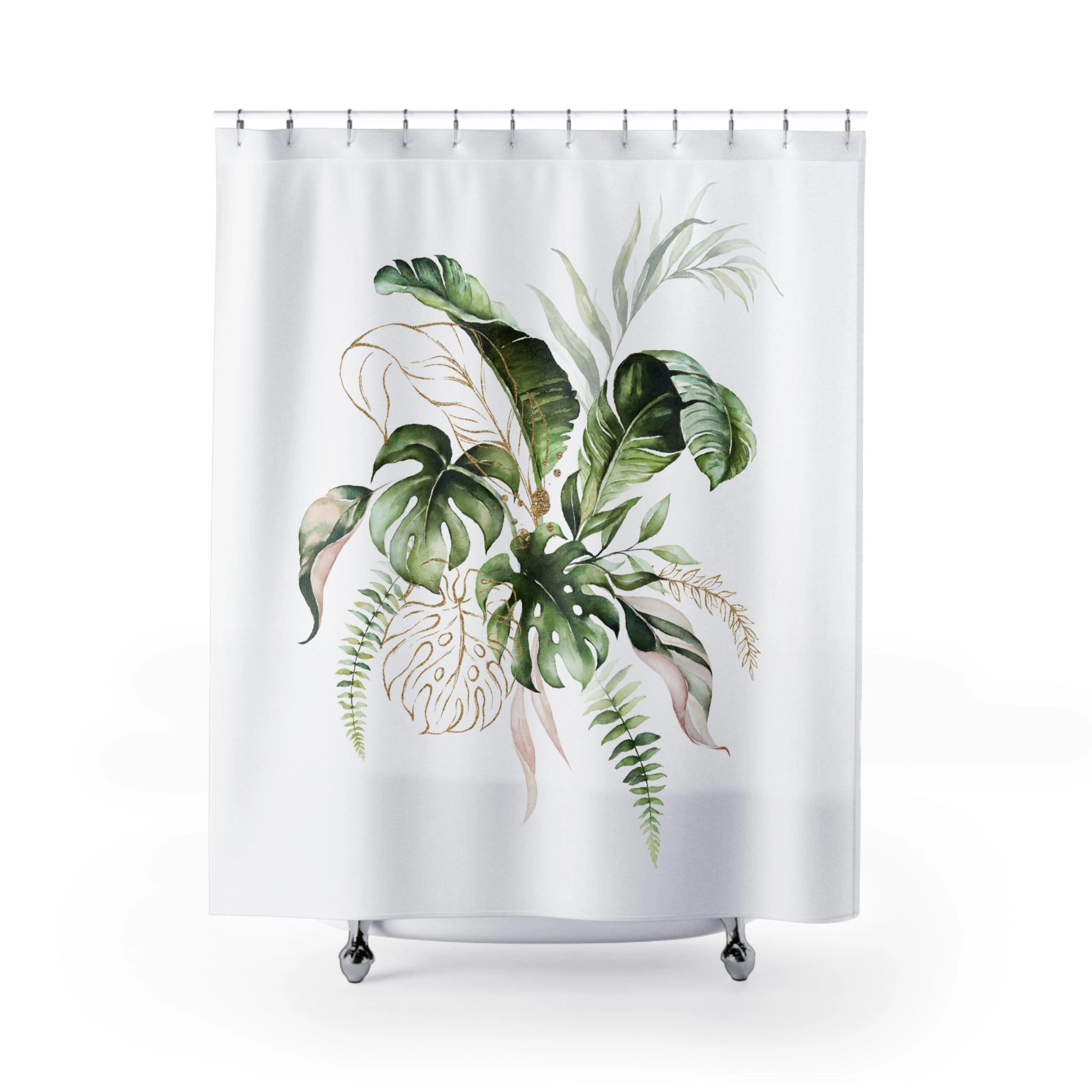Modern Floral Shower Curtain | Green White, Tropical Monstera Leaves Lighting,Home Lighting