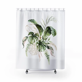 Modern Floral Shower Curtain | Green White, Tropical Monstera Leaves Lighting,Home Lighting