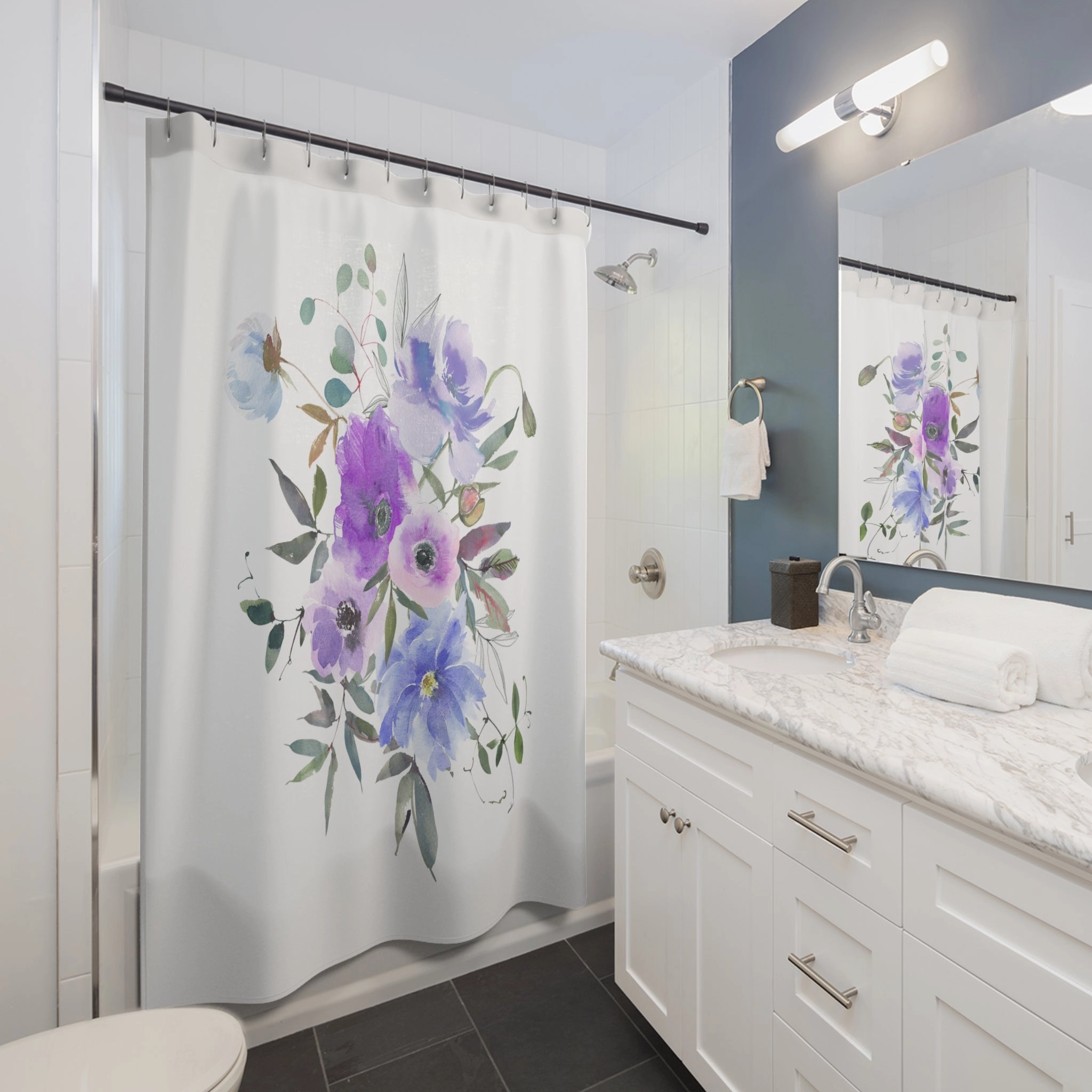 Modern Floral Shower Curtain | Lavender Purple Blue, Green Botanical