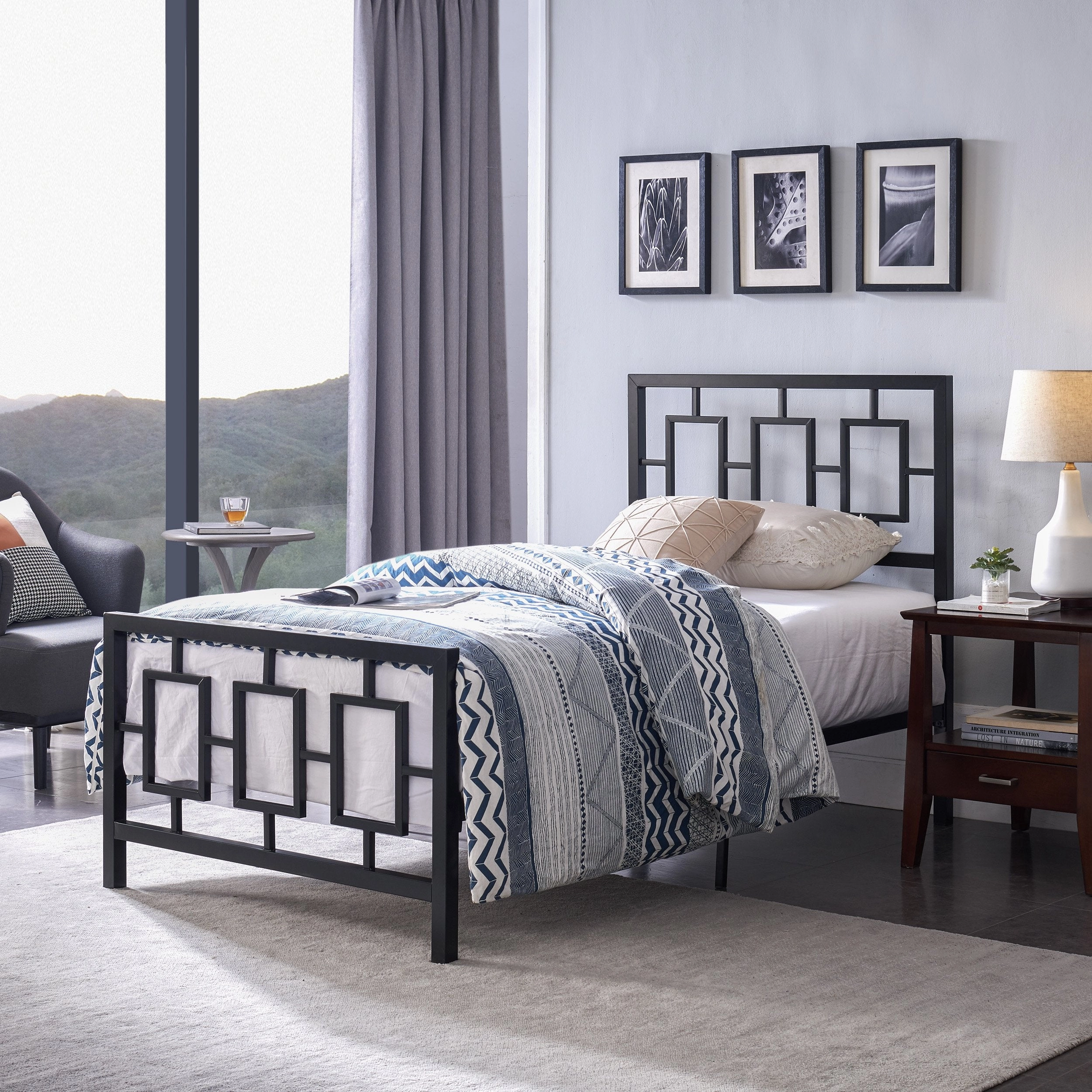 Modern Iron Twin Bed Frame - NH500113 throw blanket, decorative pillow