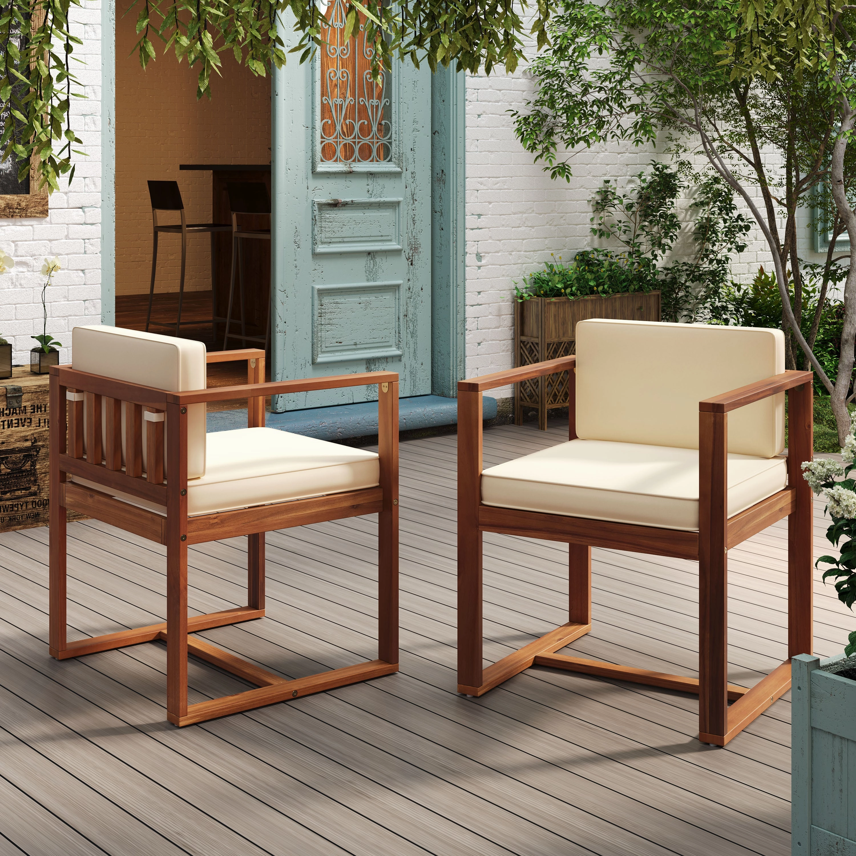 Modern Outdoor Patio Acacia Wood Dining Chairs with Cushions, Set of 2 patio chairs, outdoor seating