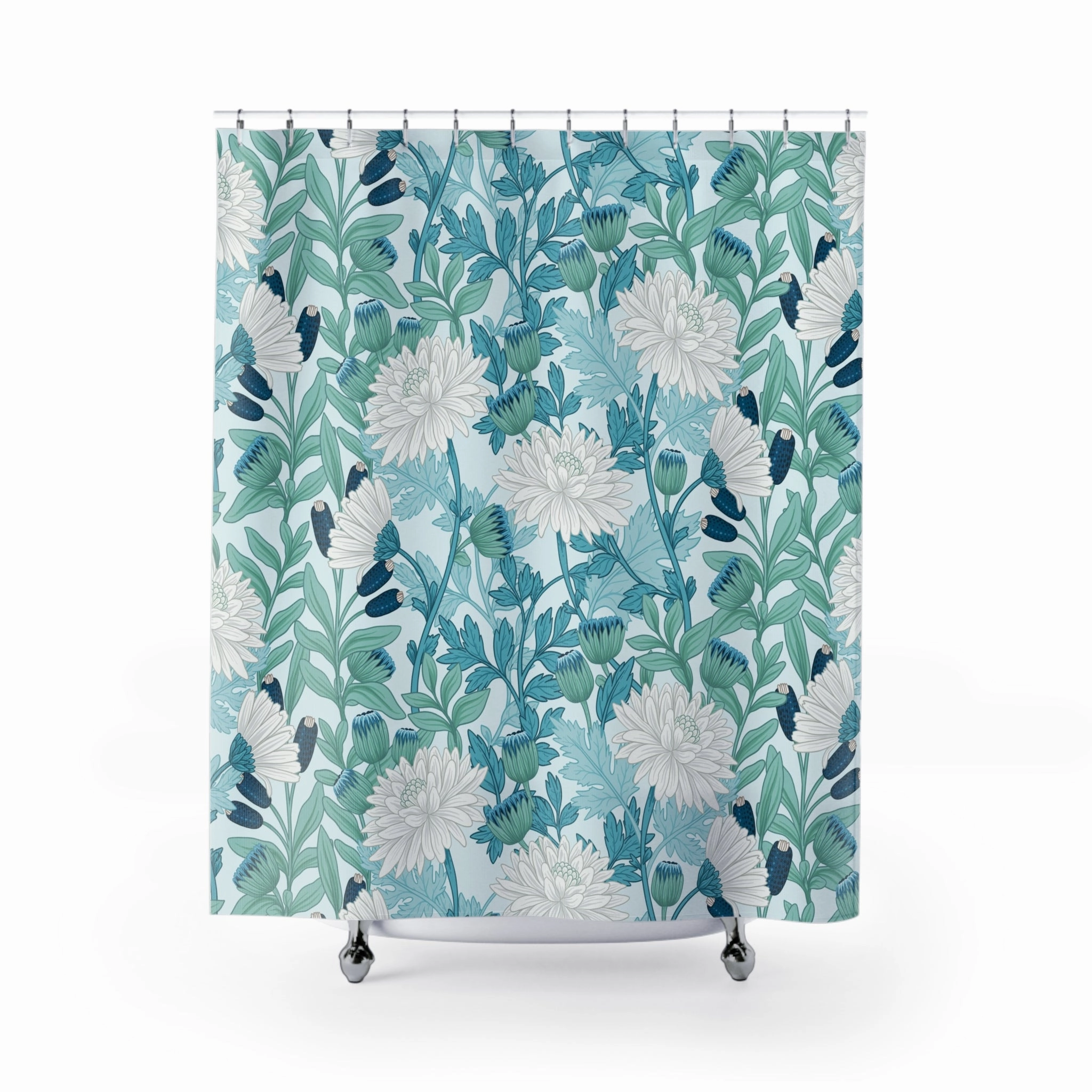 Modern Shower Curtain | Floral Blue, Green, White Bath Curtain Lighting,Home Lighting