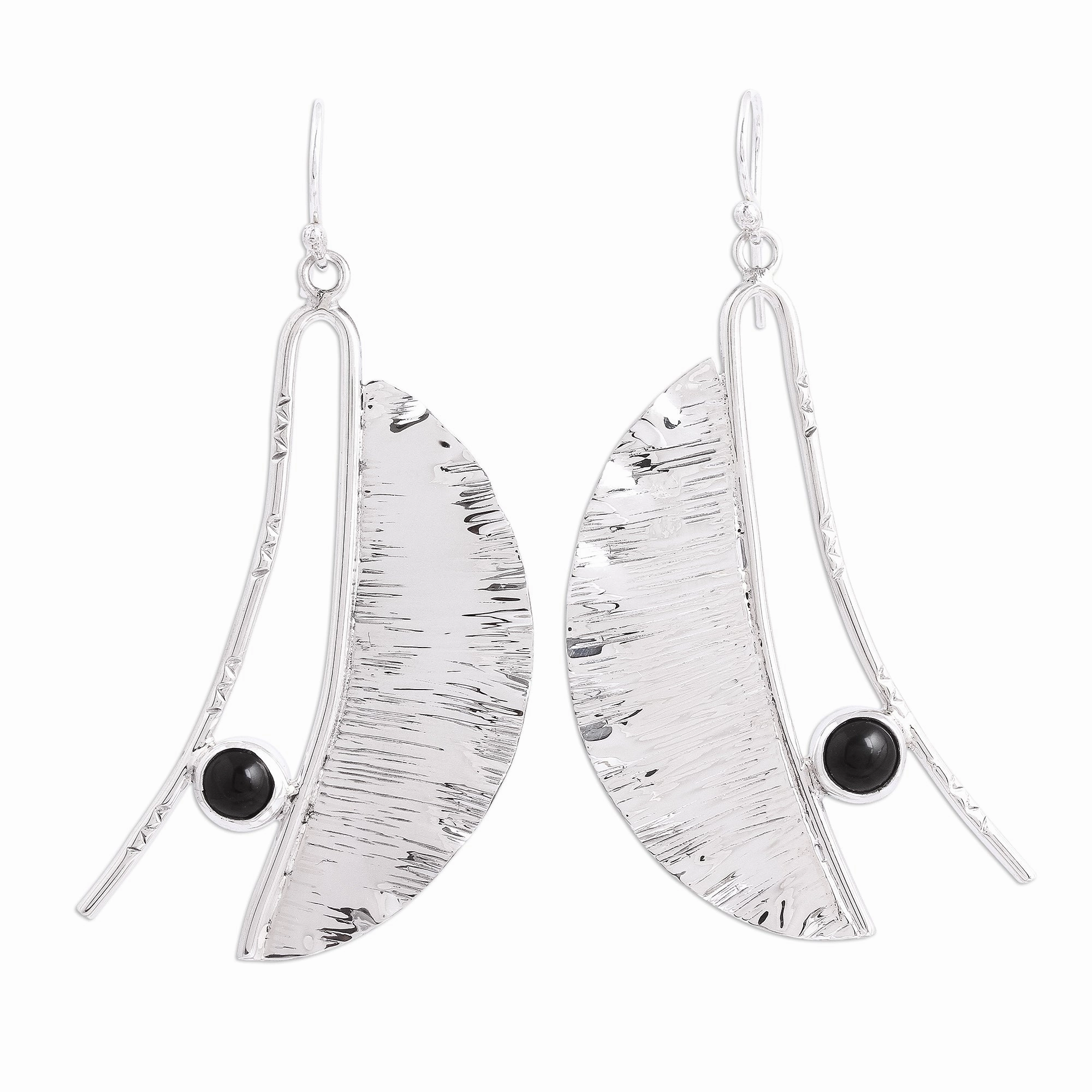 Modern Windy Leaves Modern Taxco Obsidian Dangle Earrings from Mexico