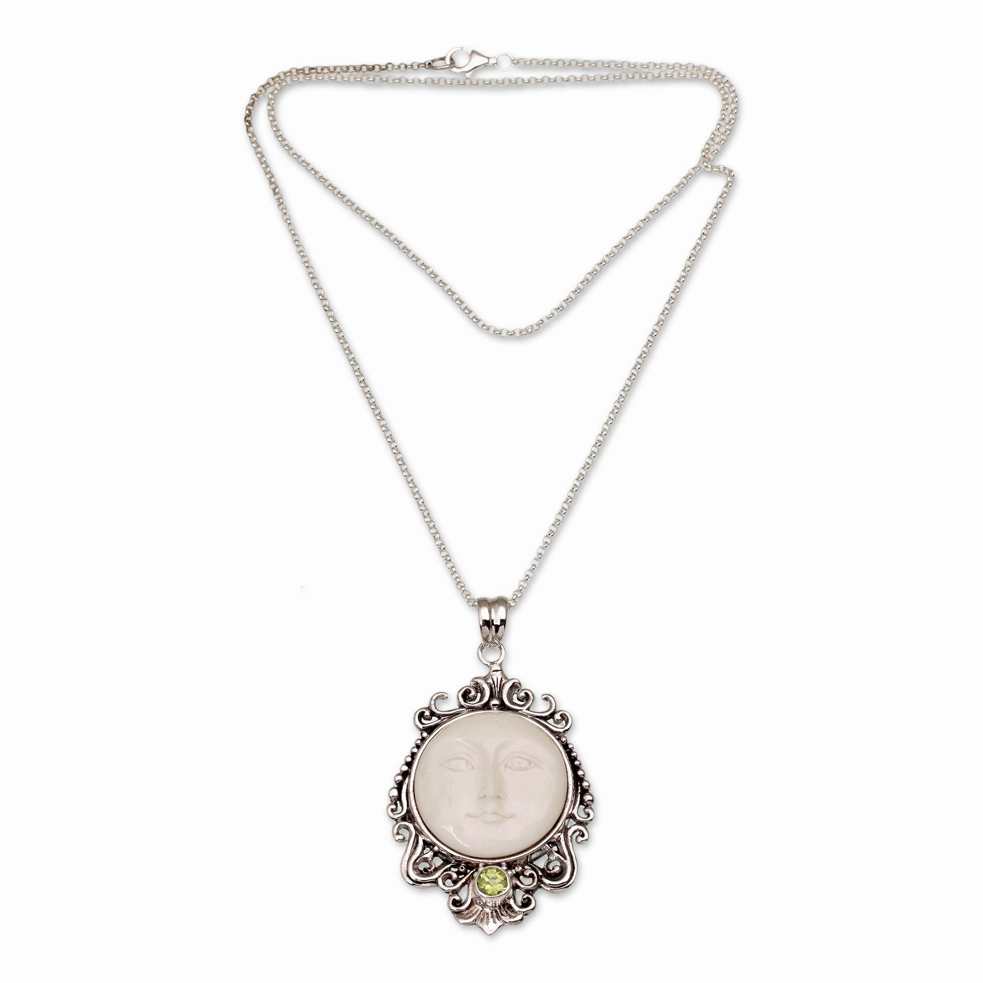 Moonlight Stare Peridot & Silver Bone Pendant Necklace