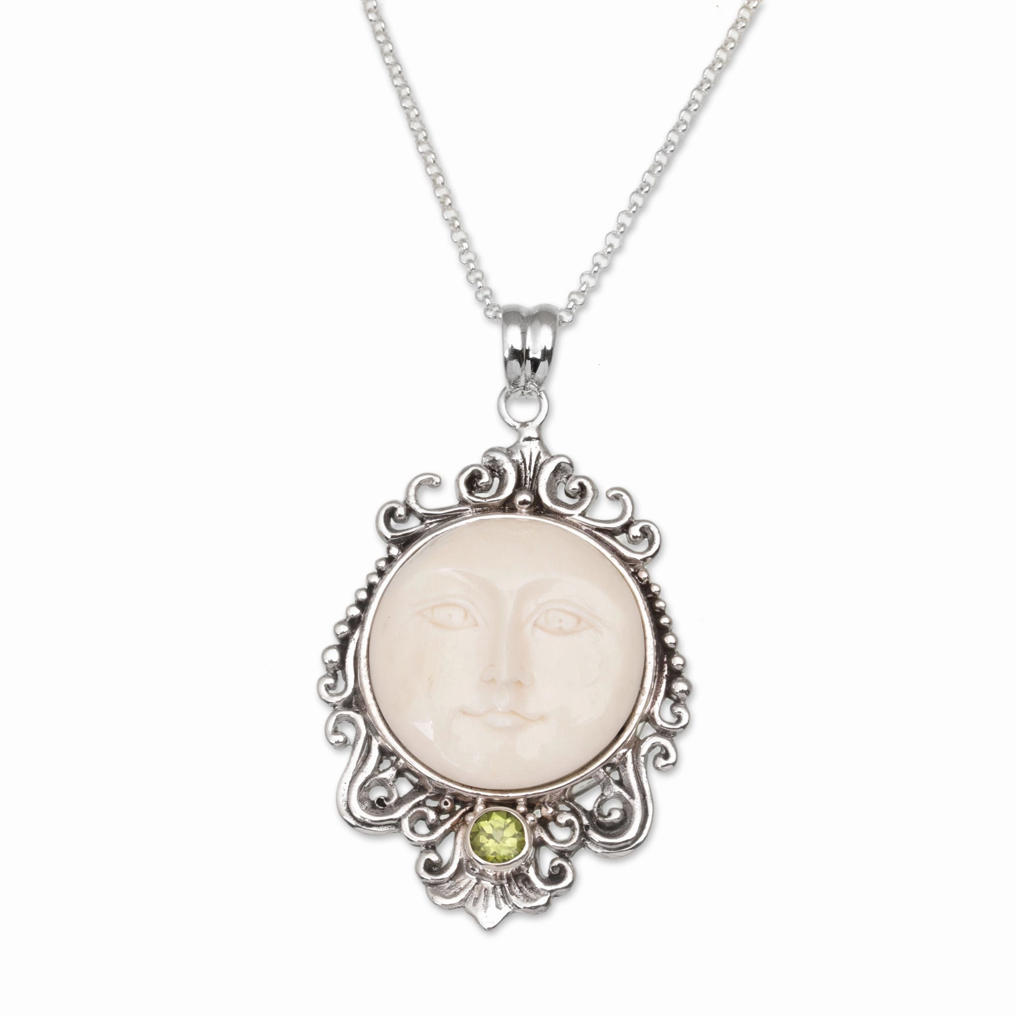 Moonlight Stare Peridot & Silver Bone Pendant Necklace