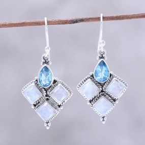 Morning Delight Rainbow Moonstone and Faceted Blue Topaz Earrings from India