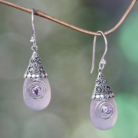 Mount Bromo Dawn Rose Quartz and Amethyst Sterling Silver Dangle Earrings