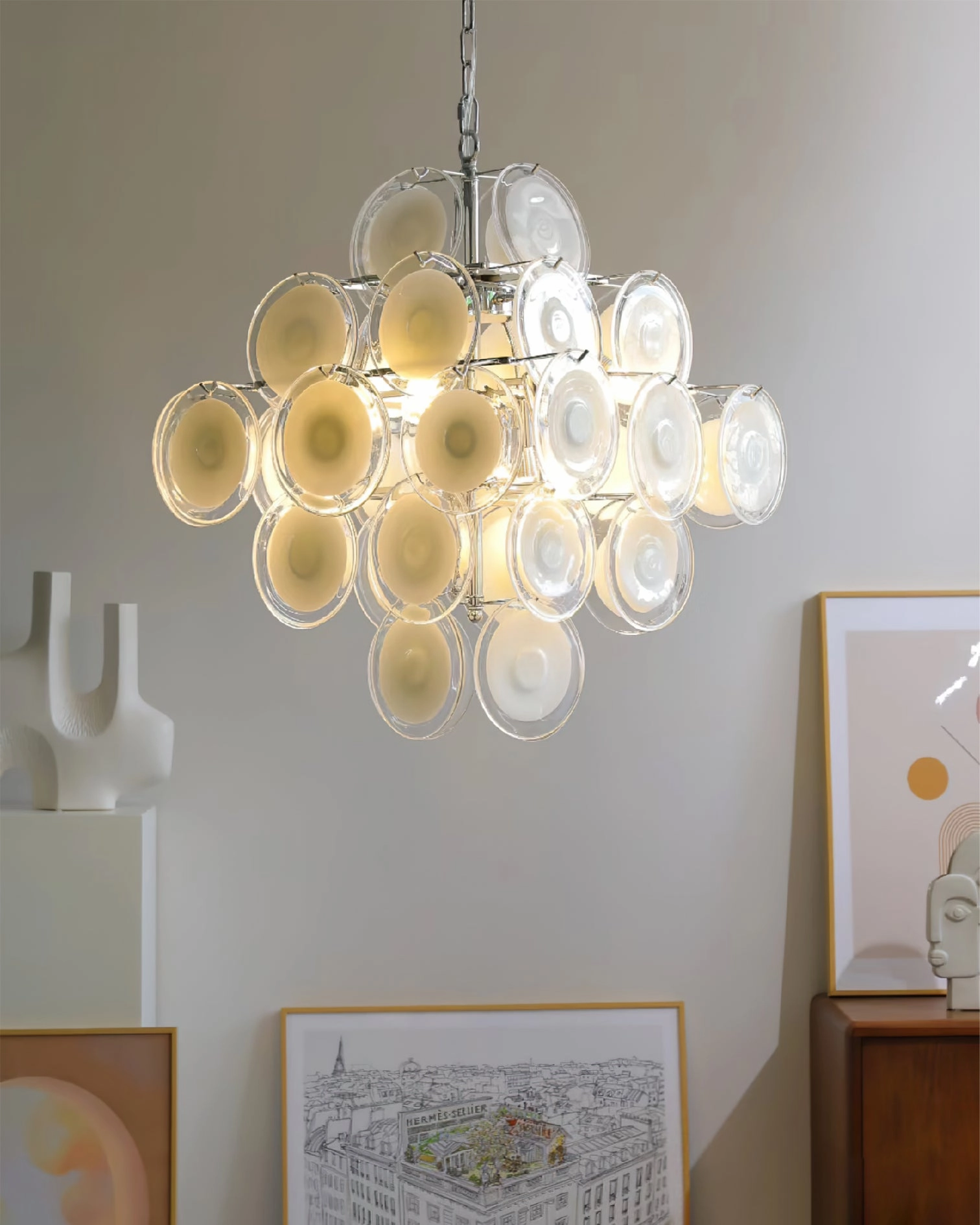 Murano Disc White Glass Chandelier