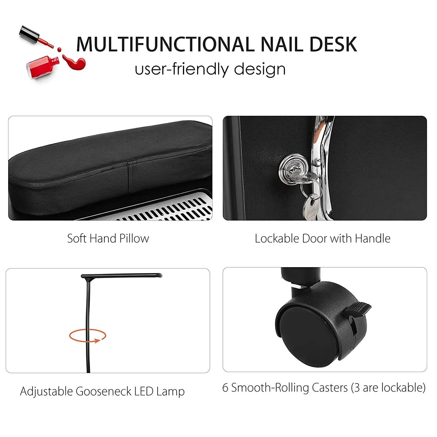 Nail Desk Manicure Table Steel Frame Nail Tables for Technician (Pure Black)