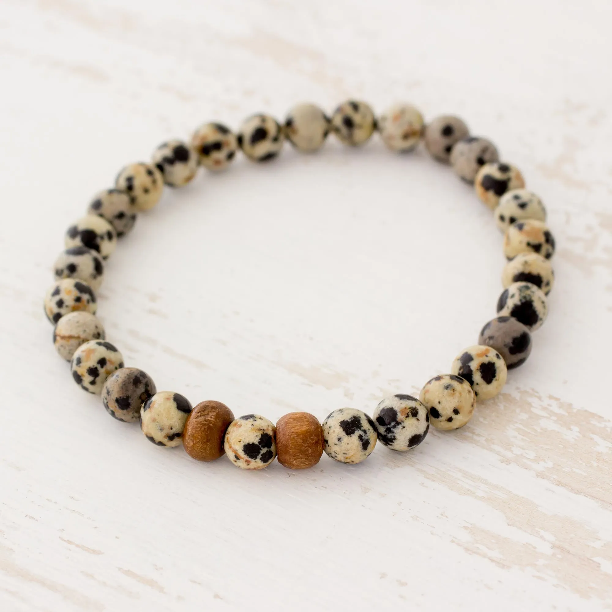 Natural Polka Dots Dalmatian Jasper Beaded Stretch Bracelet from Guatemala