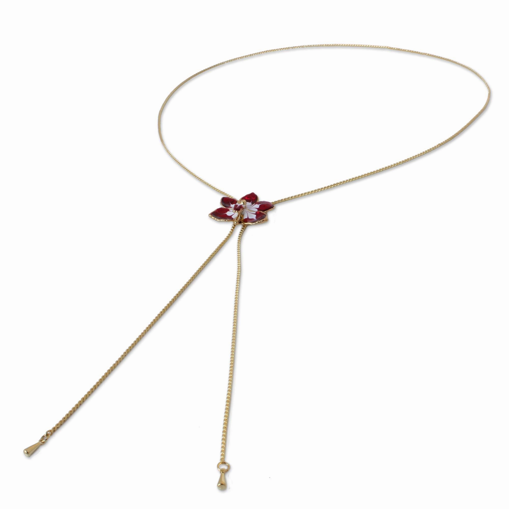 Natural Orchid Pendant Lariat Necklace
