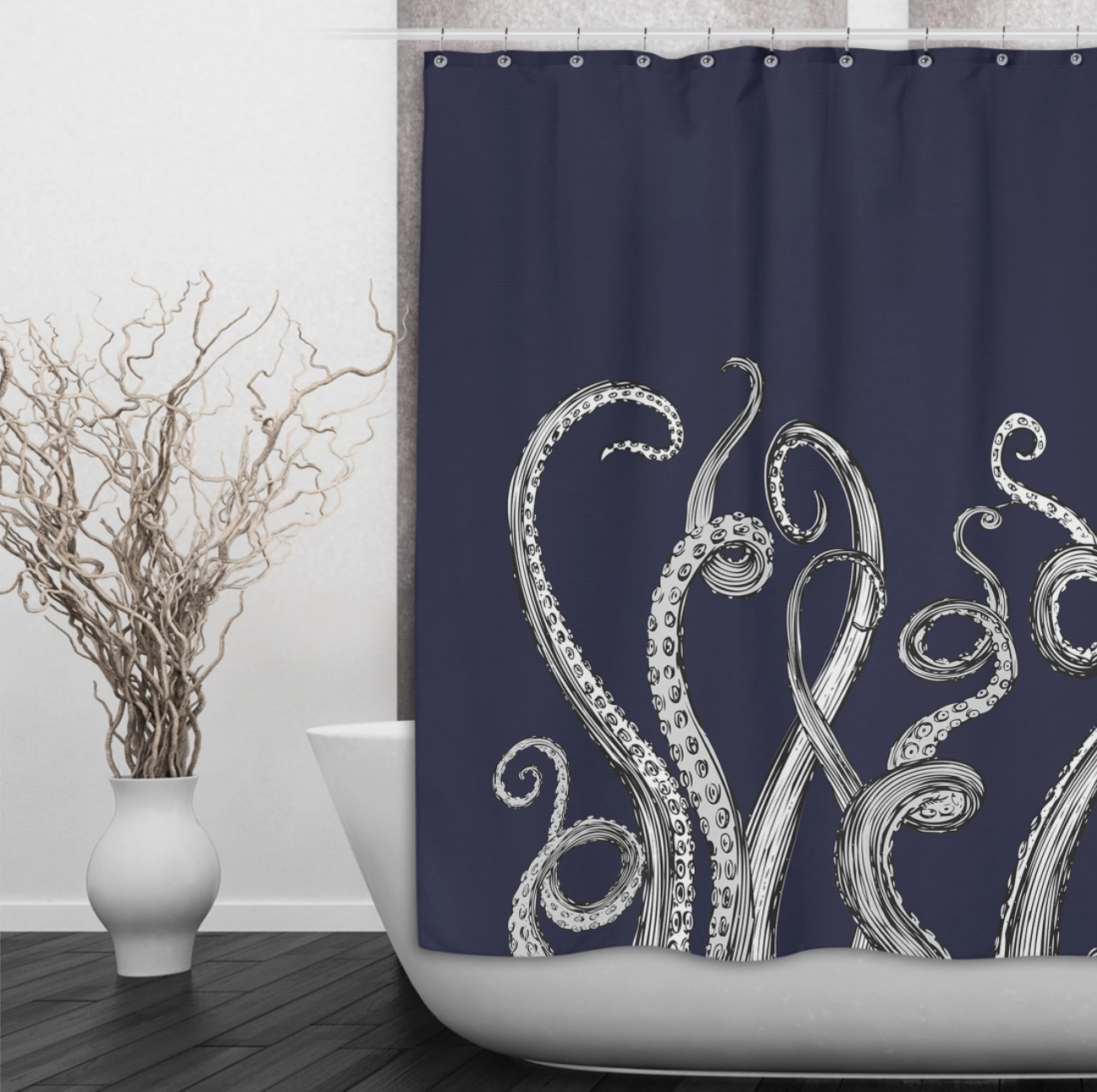Navy Octopus WHITE Tentacle Shower Curtains and Optional Bath Mats Lighting,Lamps Fixtures