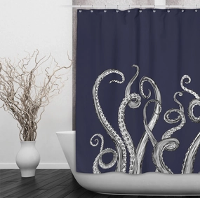 Navy Octopus WHITE Tentacle Shower Curtains and Optional Bath Mats Lighting,Lamps Fixtures