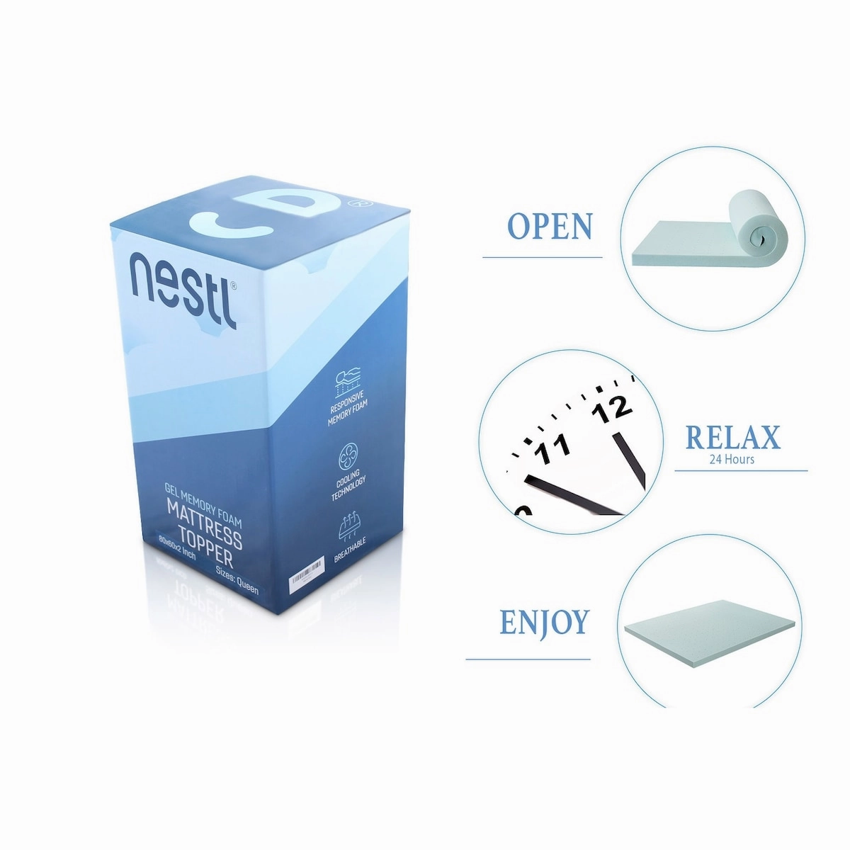 Nestl Mattress Topper - Gel Infused Ventilated Design Memory Foam Mattress Pad