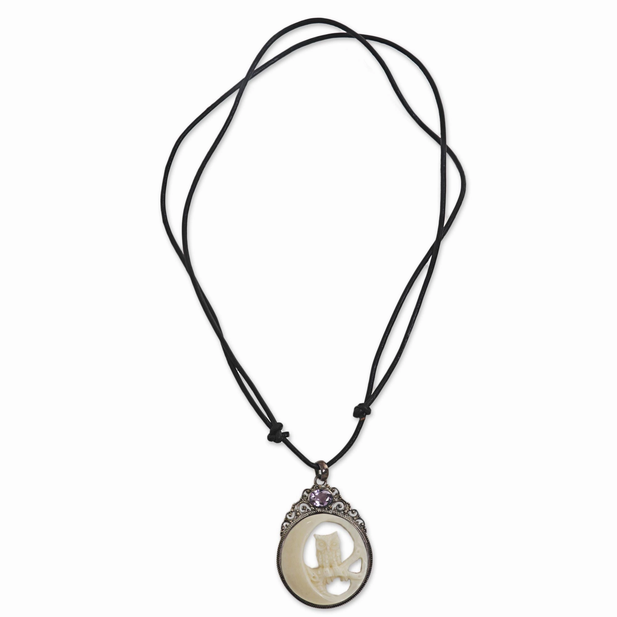 Nighttime Owl Amethyst Silver Bone Leather Pendant Necklace