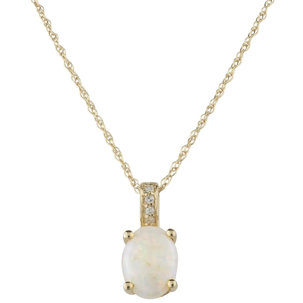 October Birthstone Pendant: 14K Yellow Gold Diamond And Oval Opal Drop Pendant Necklace