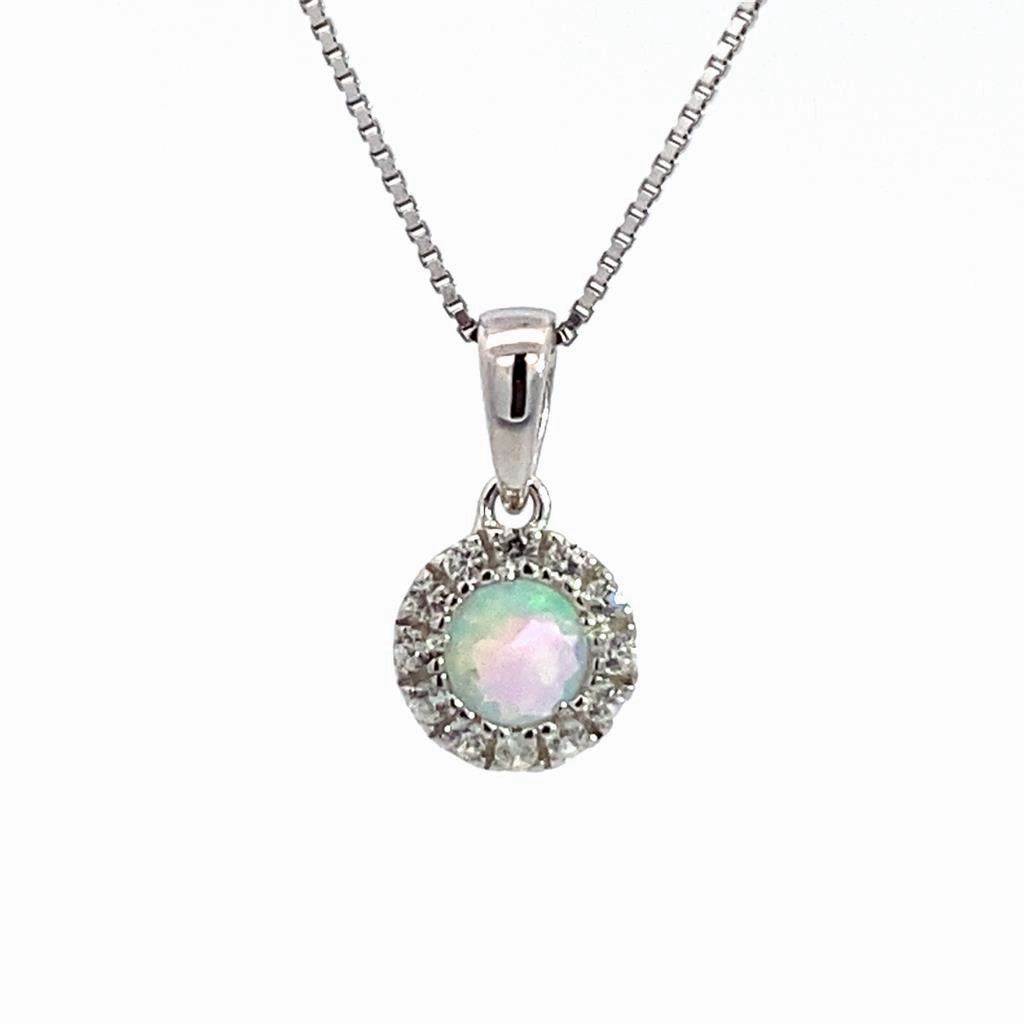 October Birthstone Pendant: Sterling Silver Lab Grown Opal Halo Pendant Necklace