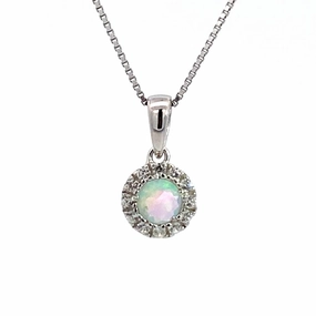 October Birthstone Pendant: Sterling Silver Lab Grown Opal Halo Pendant Necklace