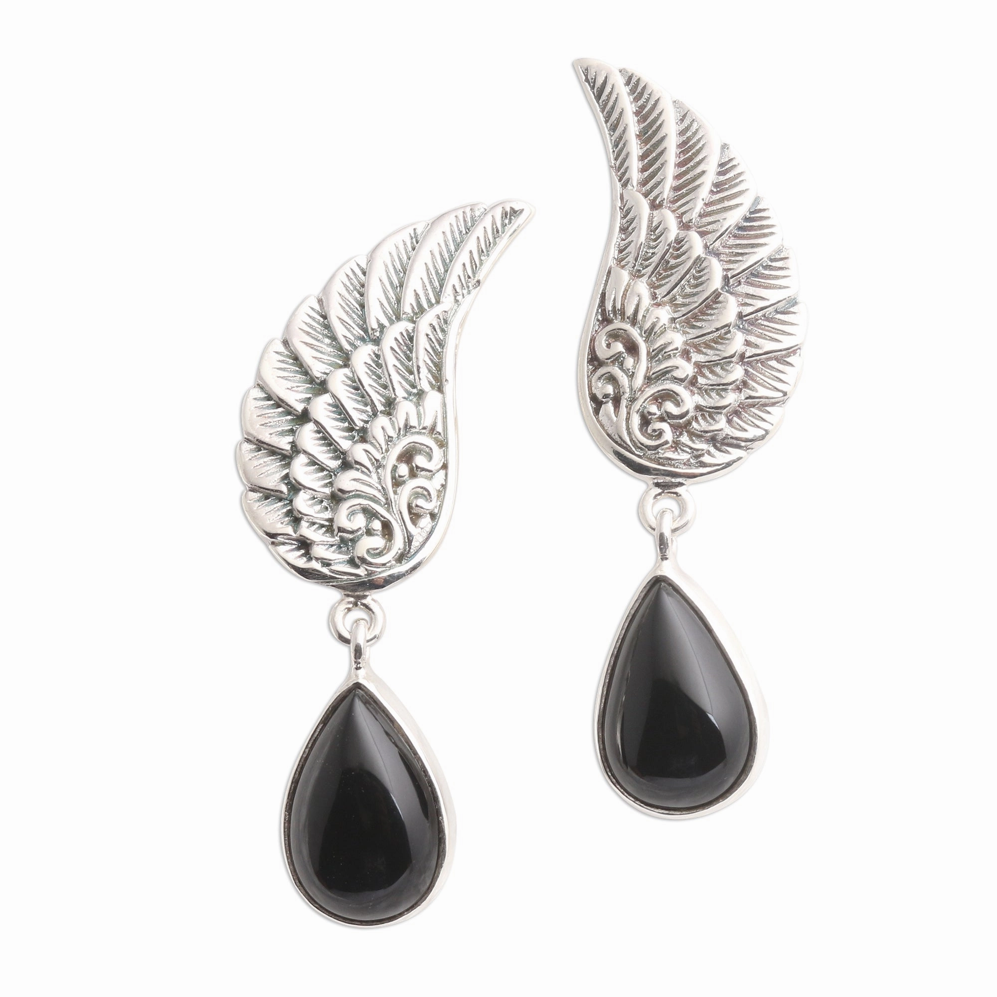 On the Wings of Midnight Onyx Sterling Silver Dangle Earrings Wings