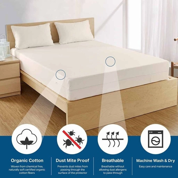 Organic Cotton Zippered Mattress Protector / Encasement, Blocks Dust Mites, Pollen, Pet Dander and Other Allergens