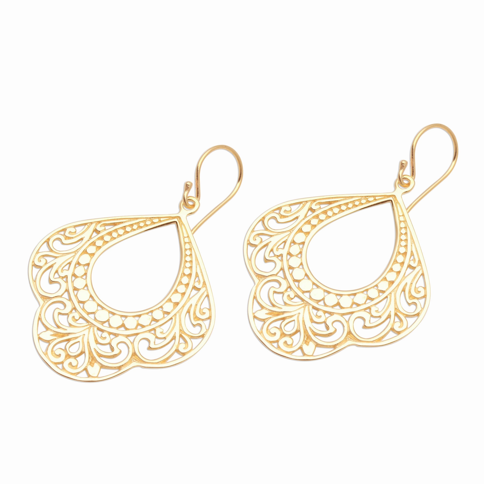 Original Elegance Patterned Gold Plated Sterling Silver Dangle Earrings