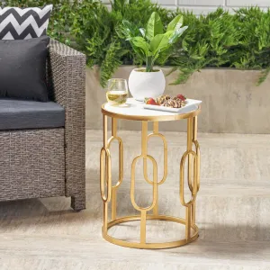 Outdoor 16 Inch White Finish Faux Stone Side Table - NH302403 patio chairs, outdoor seating