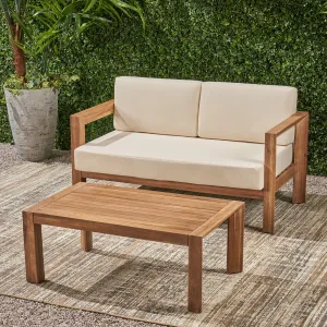 Outdoor 2 Seater Wooden Loveseat and Coffee Table Chat Set with Cushions, Beige and Brown Finish - NH272903 patio chairs, outdoor seating