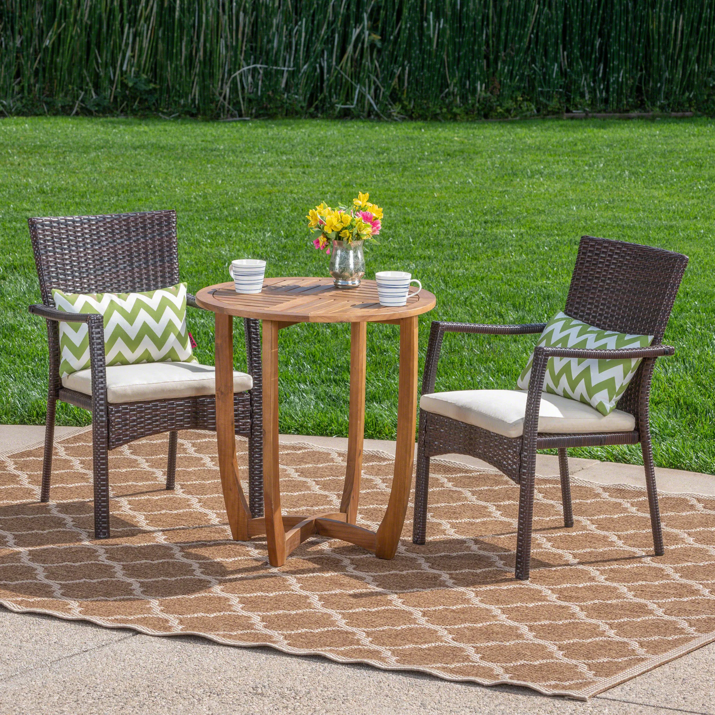 Outdoor 3 Piece Acacia Wood/ Wicker Bistro Set with Cushions, Teak Finish and Brown with Crme - NH103403 patio chairs, outdoor seating