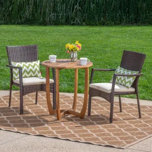 Outdoor 3 Piece Acacia Wood/ Wicker Bistro Set with Cushions, Teak Finish and Brown with Crme - NH103403 patio chairs, outdoor seating