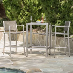 Outdoor 3 Piece Grey Wicker Bar Set with Glass Table Top - NH063003 patio chairs, outdoor seating