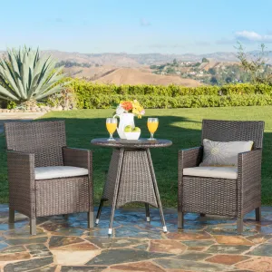 Outdoor 3 Piece Multibrown Wicker Round Dining Set with Light Brown Water Resistant Cushions - NH843203 patio chairs, outdoor seating