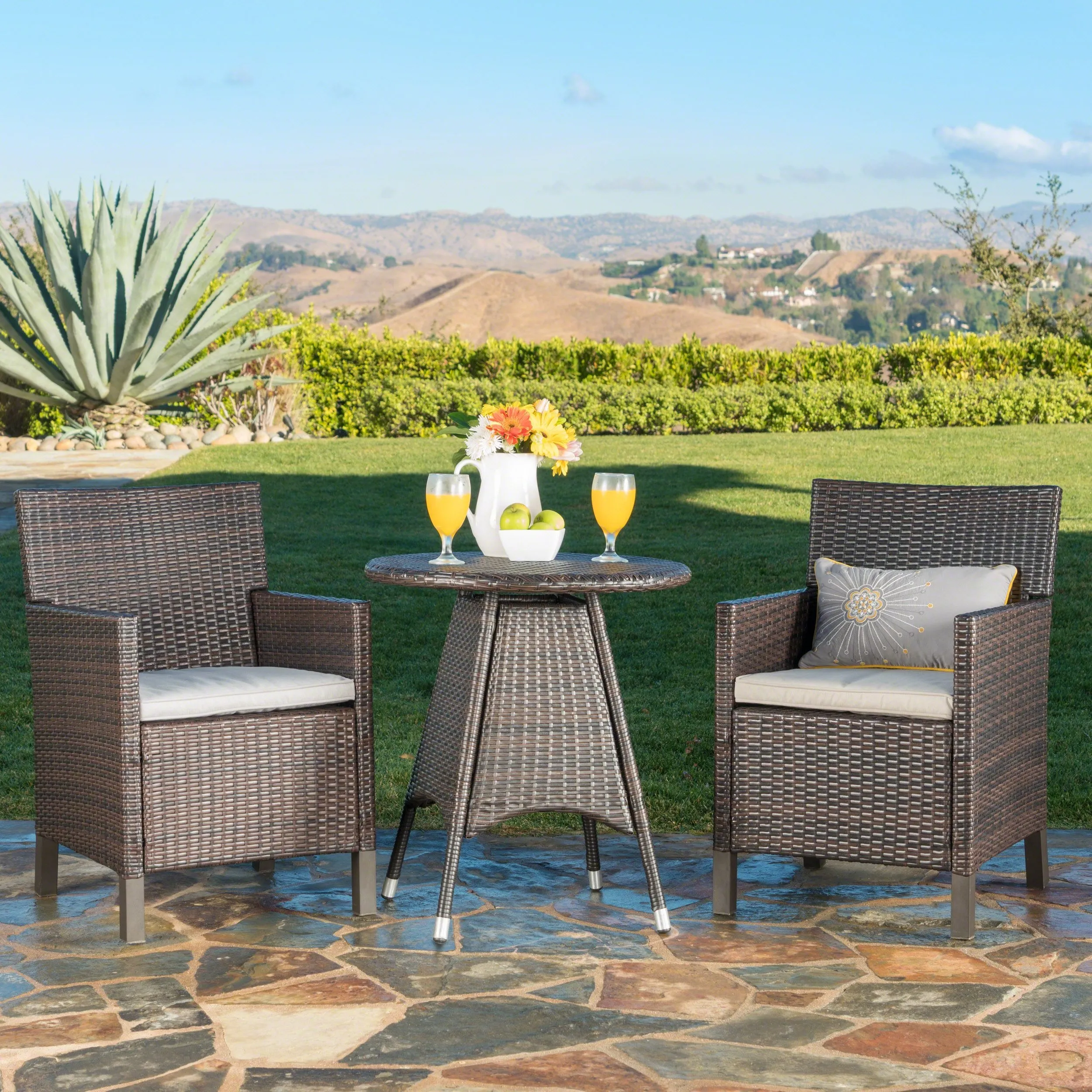 Outdoor 3 Piece Multibrown Wicker Round Dining Set with Light Brown Water Resistant Cushions - NH843203 patio chairs, outdoor seating