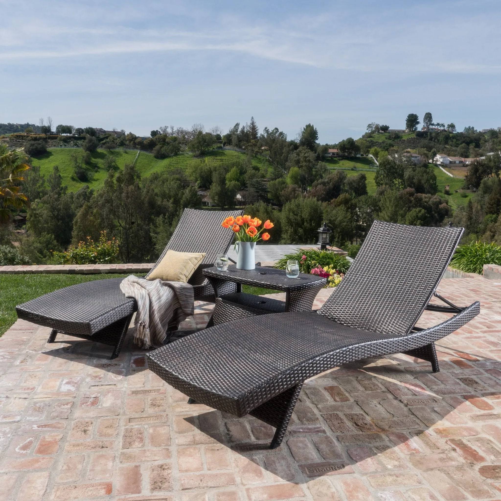 Outdoor 3 Piece Mutlibrown Wicker Chaise Lounge Set with Table - NH043003 patio chairs, outdoor seating