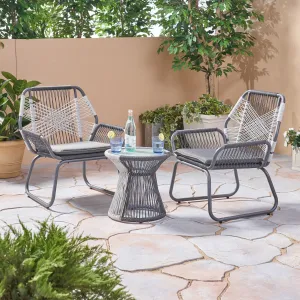 Outdoor 3 Piece Rope and Steel Chat Set, Gray Finish and White - NH932503 patio chairs, outdoor seating