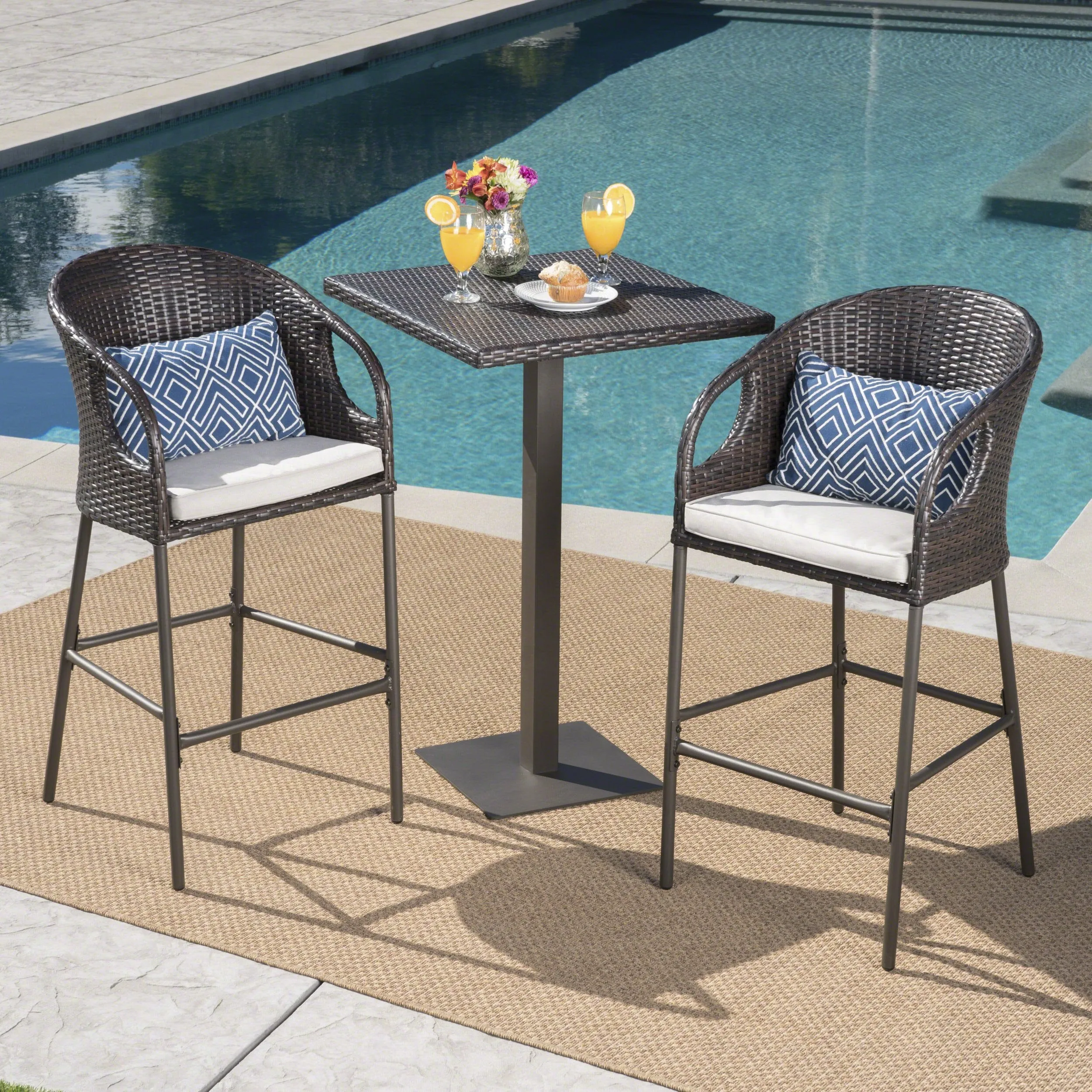 Outdoor 3 Piece Wicker Bar Set with Water Resistant Cushions - NH418203 patio chairs, outdoor seating