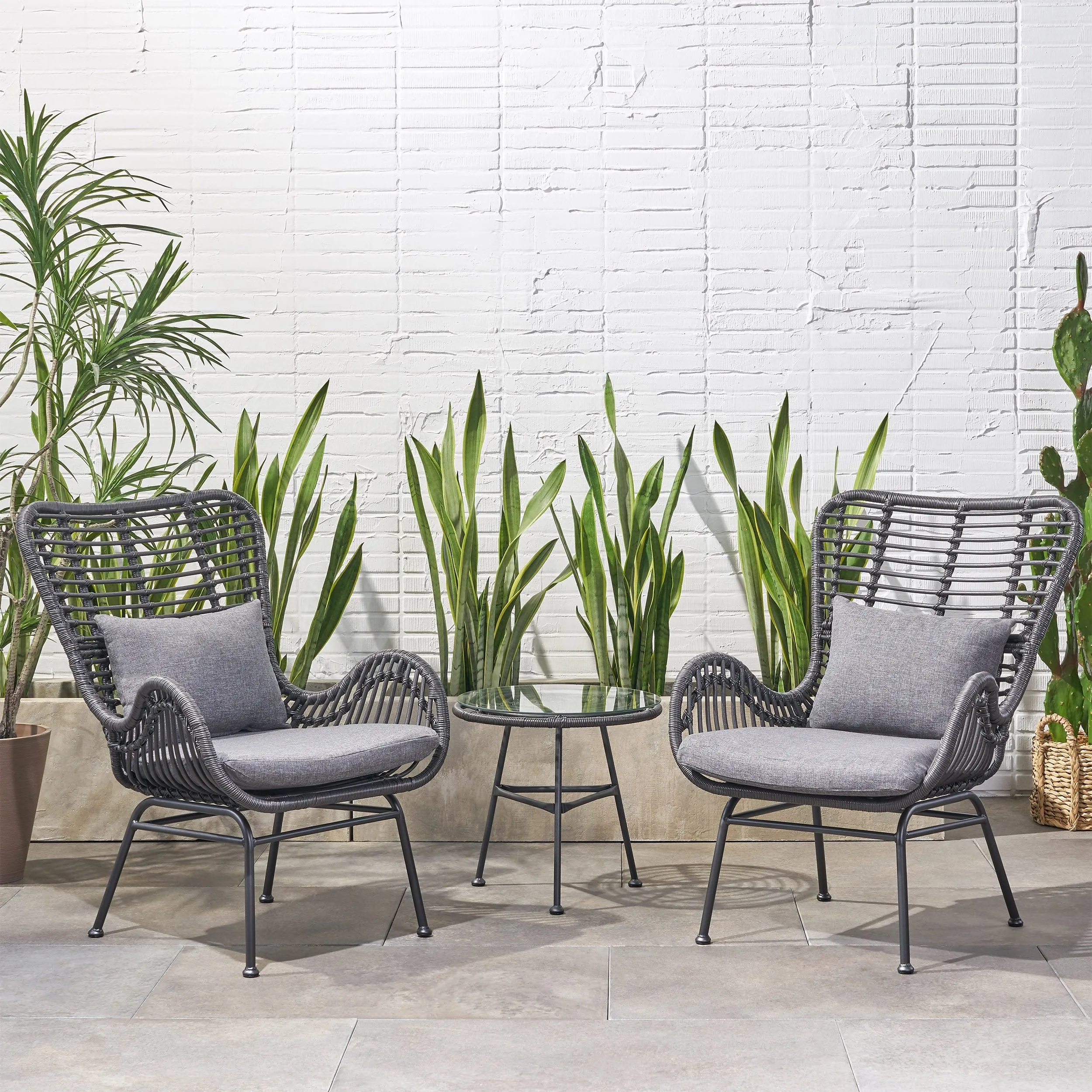 Outdoor 3 Piece Wicker Chat Set with Cushions - NH980013 patio chairs, outdoor seating