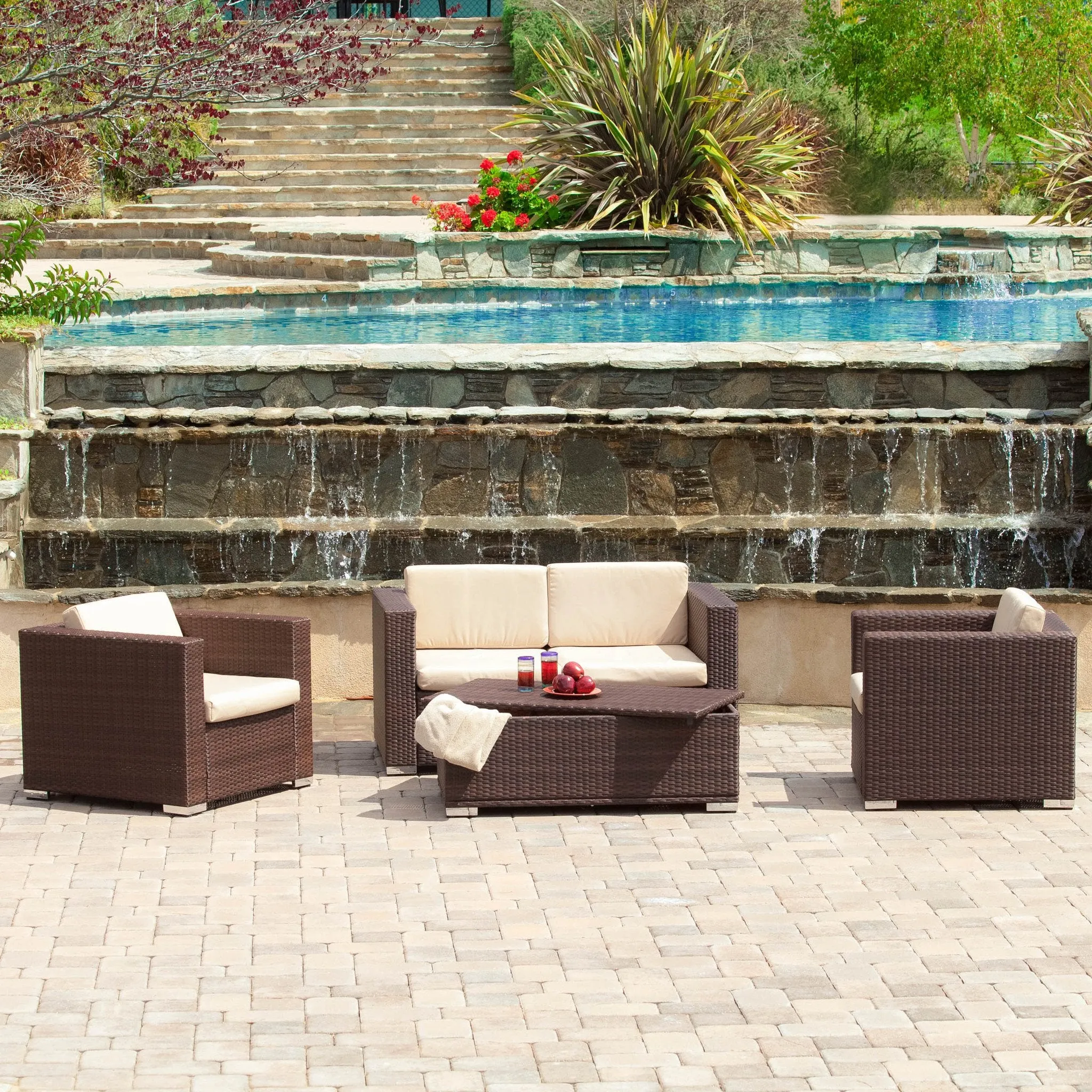 Outdoor 4-Piece Brown Wicker Sofa Set with Storage Ottoman Table - NH382612 patio chairs, outdoor seating