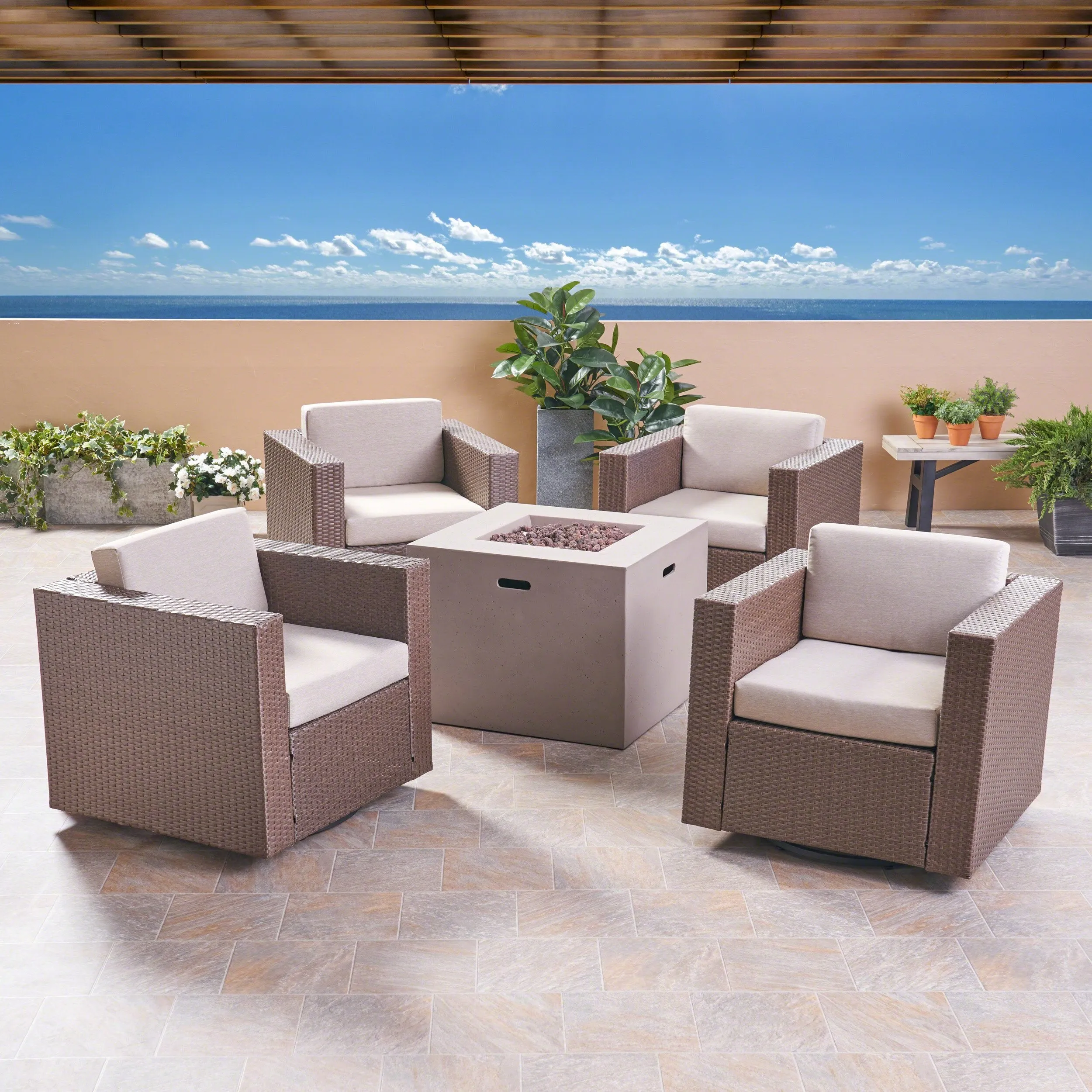 Outdoor 4 Piece Club Chair Set with Square Fire Pit - NH582503 patio chairs, outdoor seating