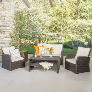 Outdoor 4 Piece Dark Brown Wicker Chat Set with Beige Water Resistant Cushions - NH406992 patio chairs, outdoor seating