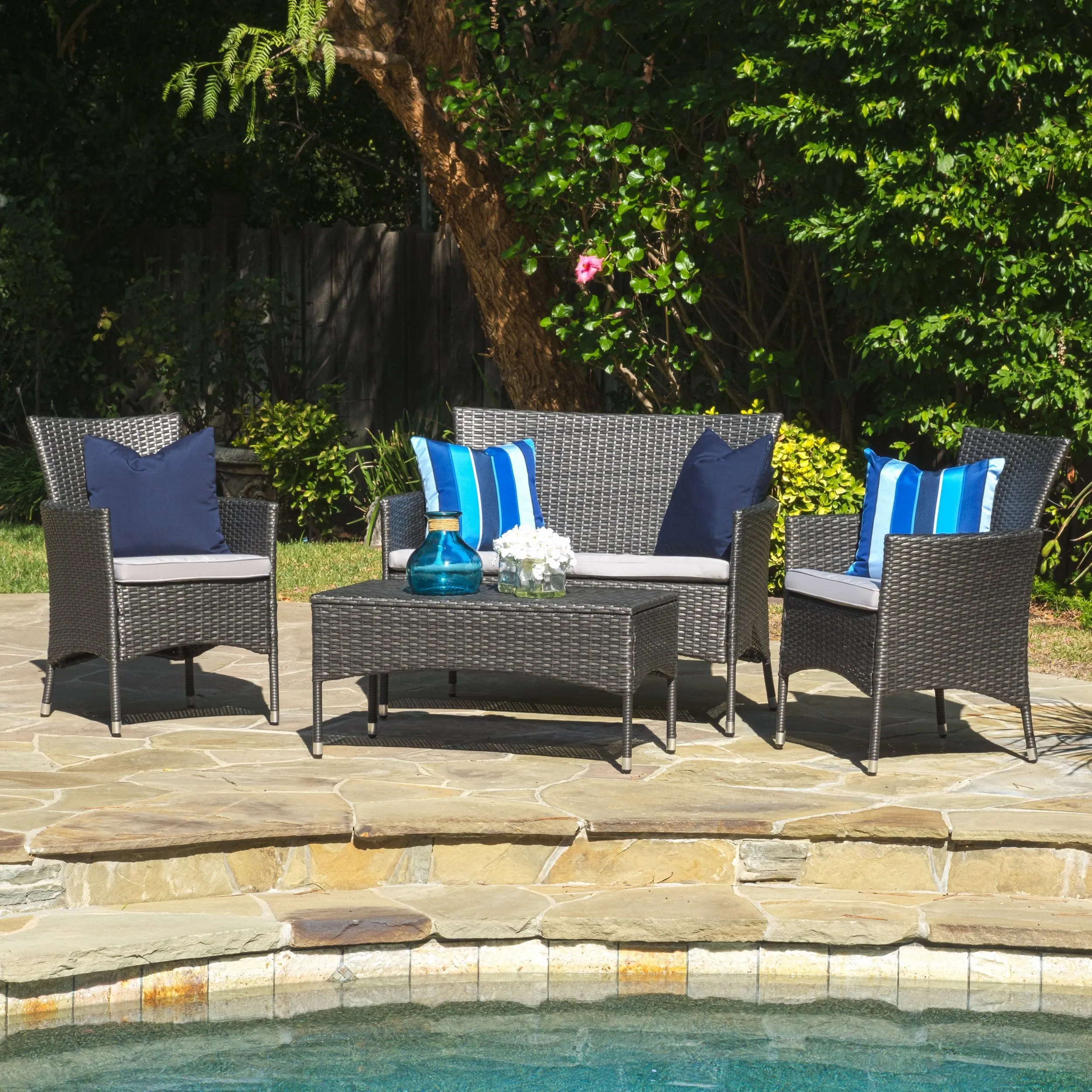 Outdoor 4 Piece Wicker Chat Set with Water Resistant Cushions - NH713303