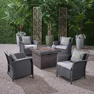 Outdoor 4 Piece Wicker Club Chair Chat Set with Wood Finished Fire Pit - NH134503 patio chairs, outdoor seating