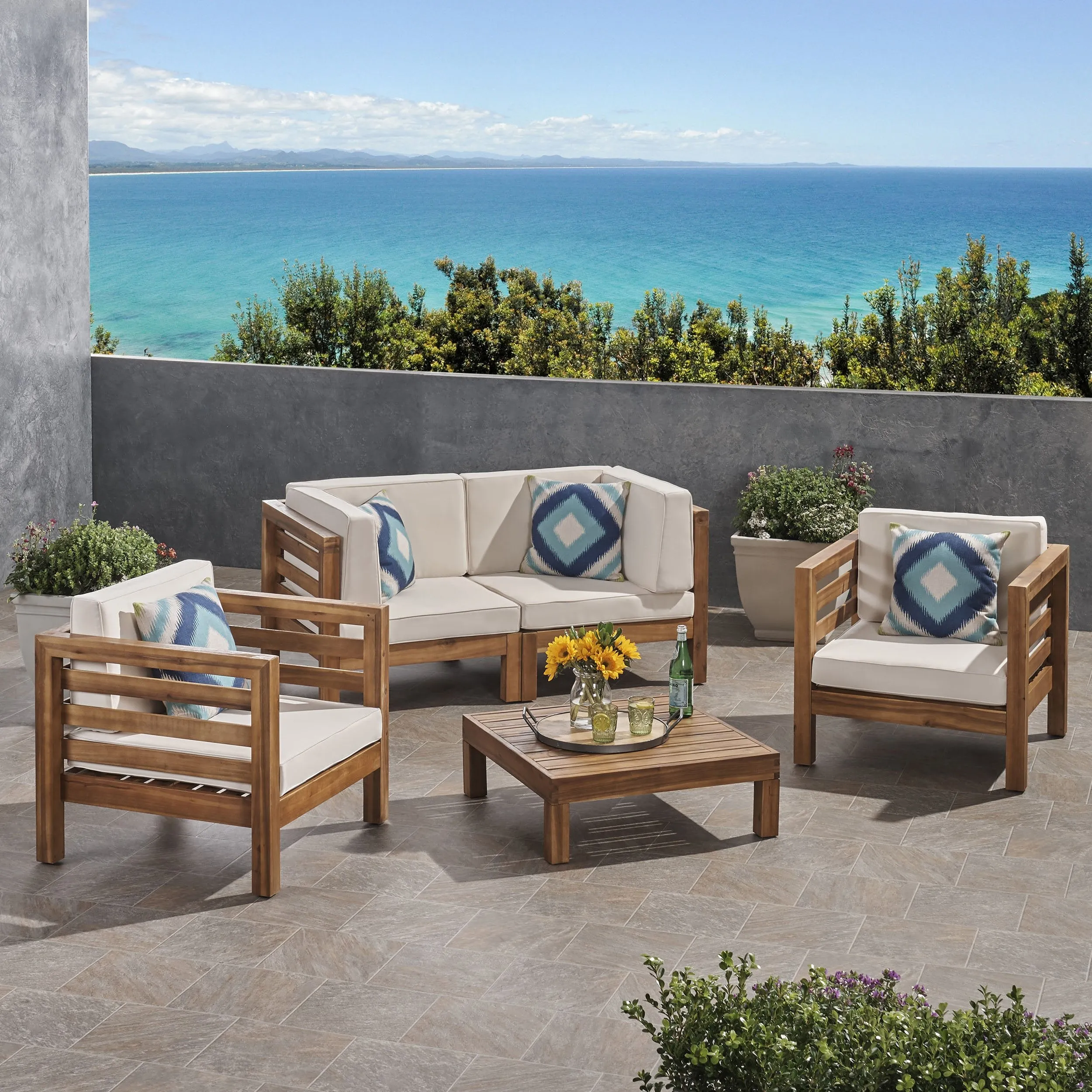 Outdoor 4 Seater Acacia Wood Loveseat Chat Set - NH454803 patio chairs, outdoor seating