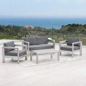 Outdoor 4-Seater Aluminum Chat Set with Tempered Glass-Topped Coffee Table, Silver and Gray - NH864603 patio chairs, outdoor seating