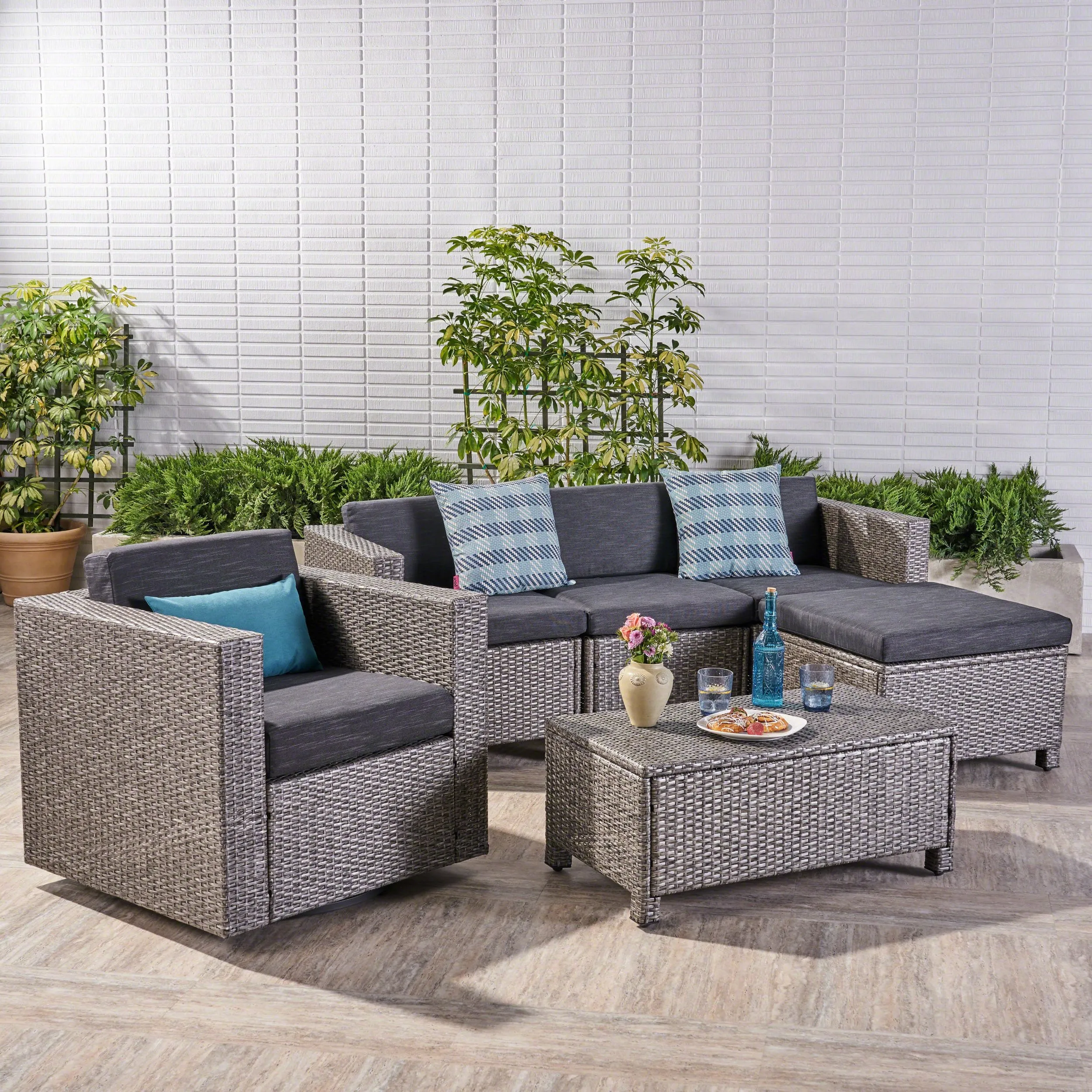 Outdoor 4 Seater Wicker L-Shaped Sectional Sofa Set with Cushions, Mixed Black with Dark Grey Cushions - NH337403 patio chairs, outdoor seating