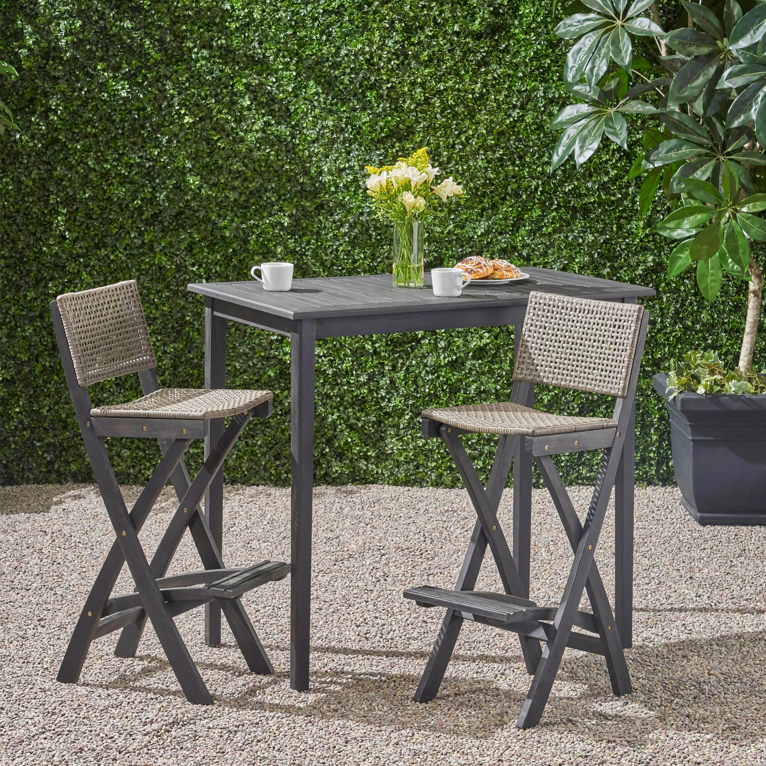 Outdoor 45" Rectangular 3 Piece Wood and Wicker Bar Height Set - NH443903