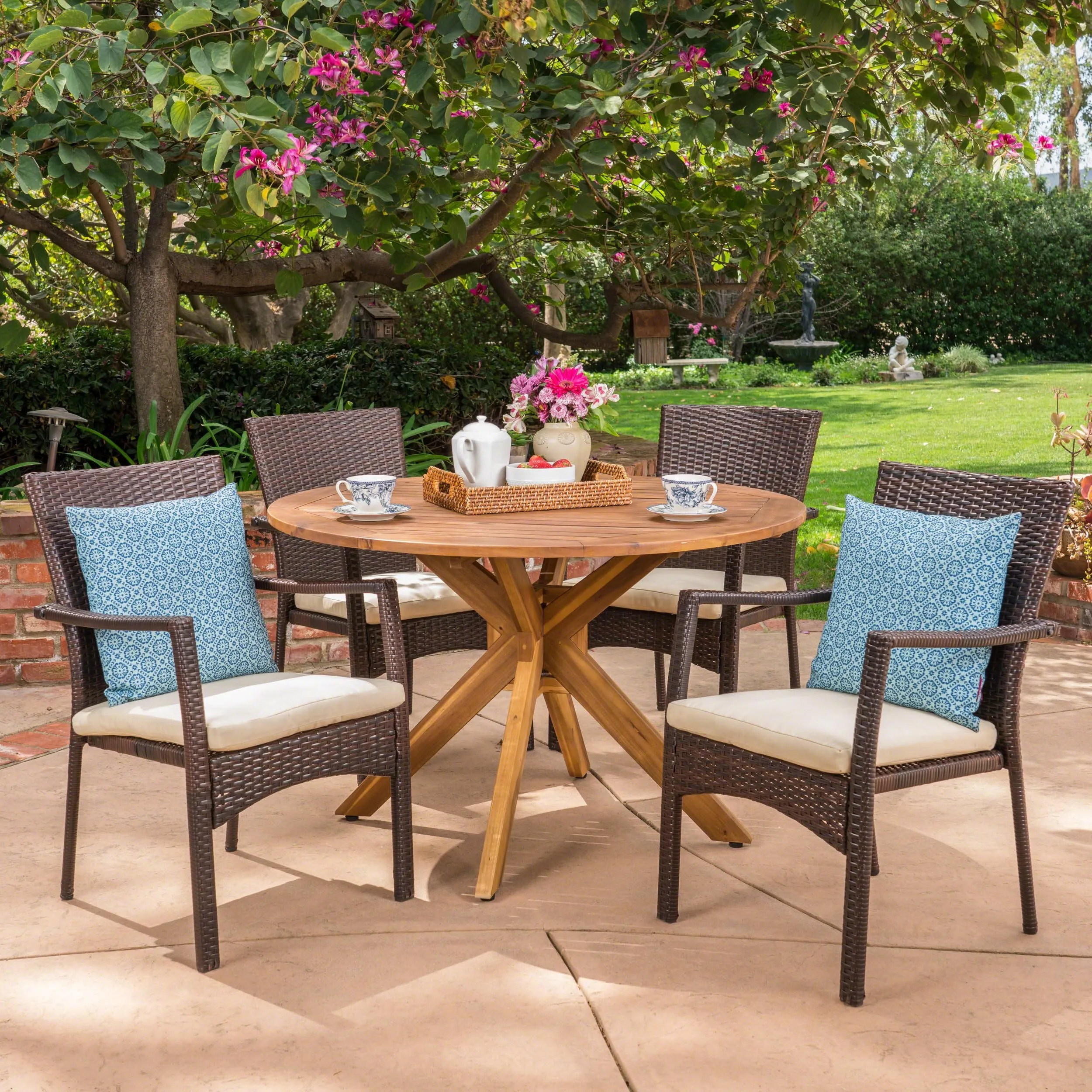 Outdoor 5 Piece Brown Wicker Dining Set with Teak Finish Acacia Wood Circular Table and Crme Water Resistant Cushions - NH670403 patio chairs, outdoor seating