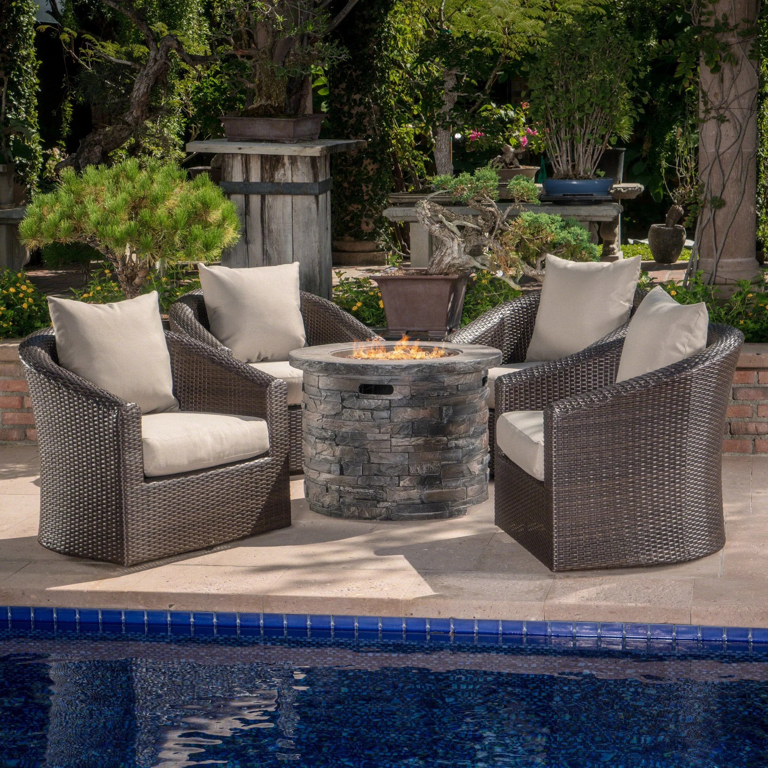 Outdoor 5 Piece Fire Pit Wicker Swivel Club Chair Chat Set - NH635203 patio chairs, outdoor seating