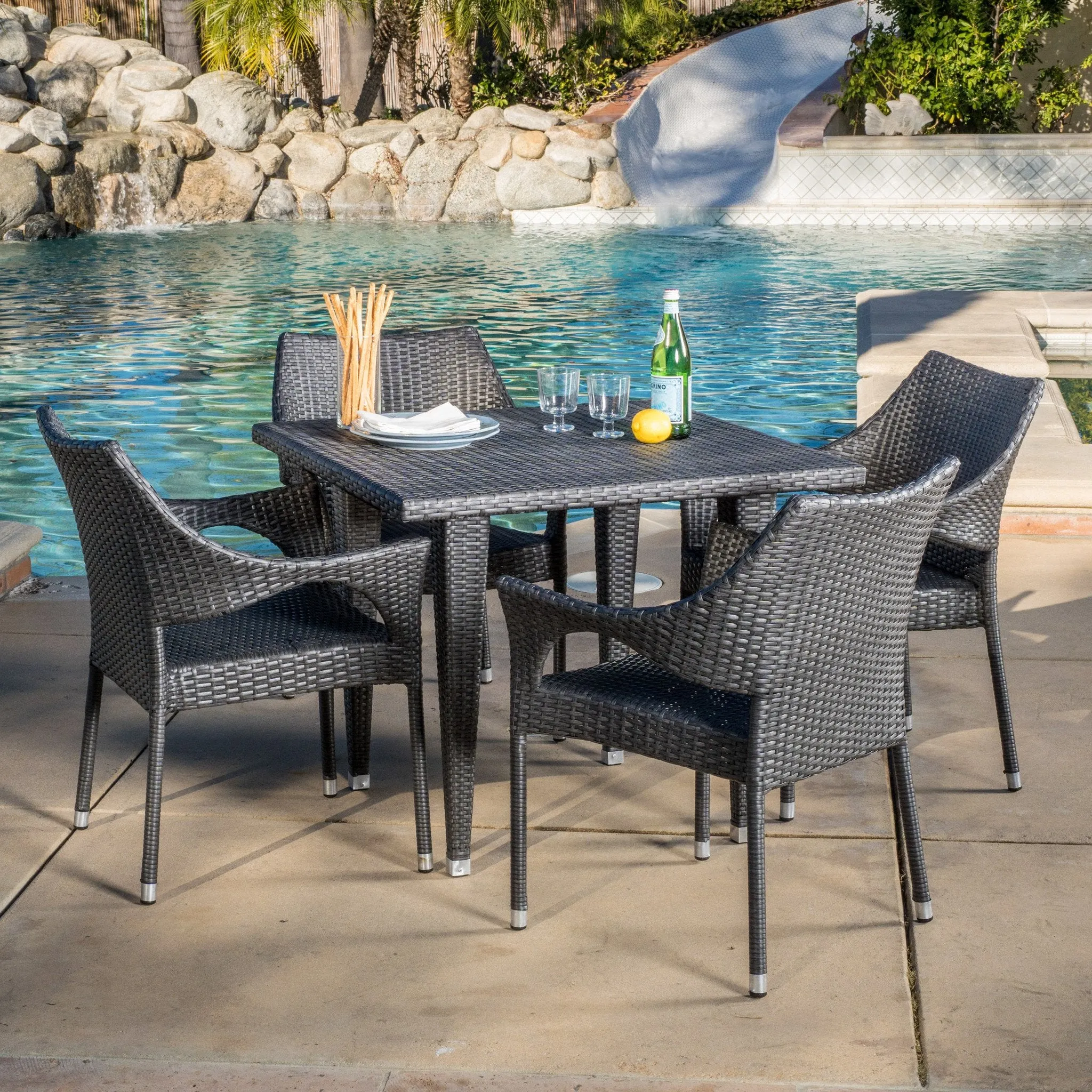 Outdoor 5-Piece Gray Wicker Dining Set with Stacking Chairs - NH196692 patio chairs, outdoor seating